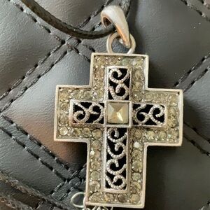 Vintage Filagree Rhinestone Cross Black Leather Necklace